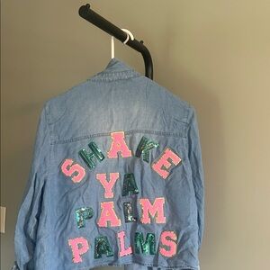 EUC Judith March Shake Ya Palm Palms Denim Front Tie Blouse Large